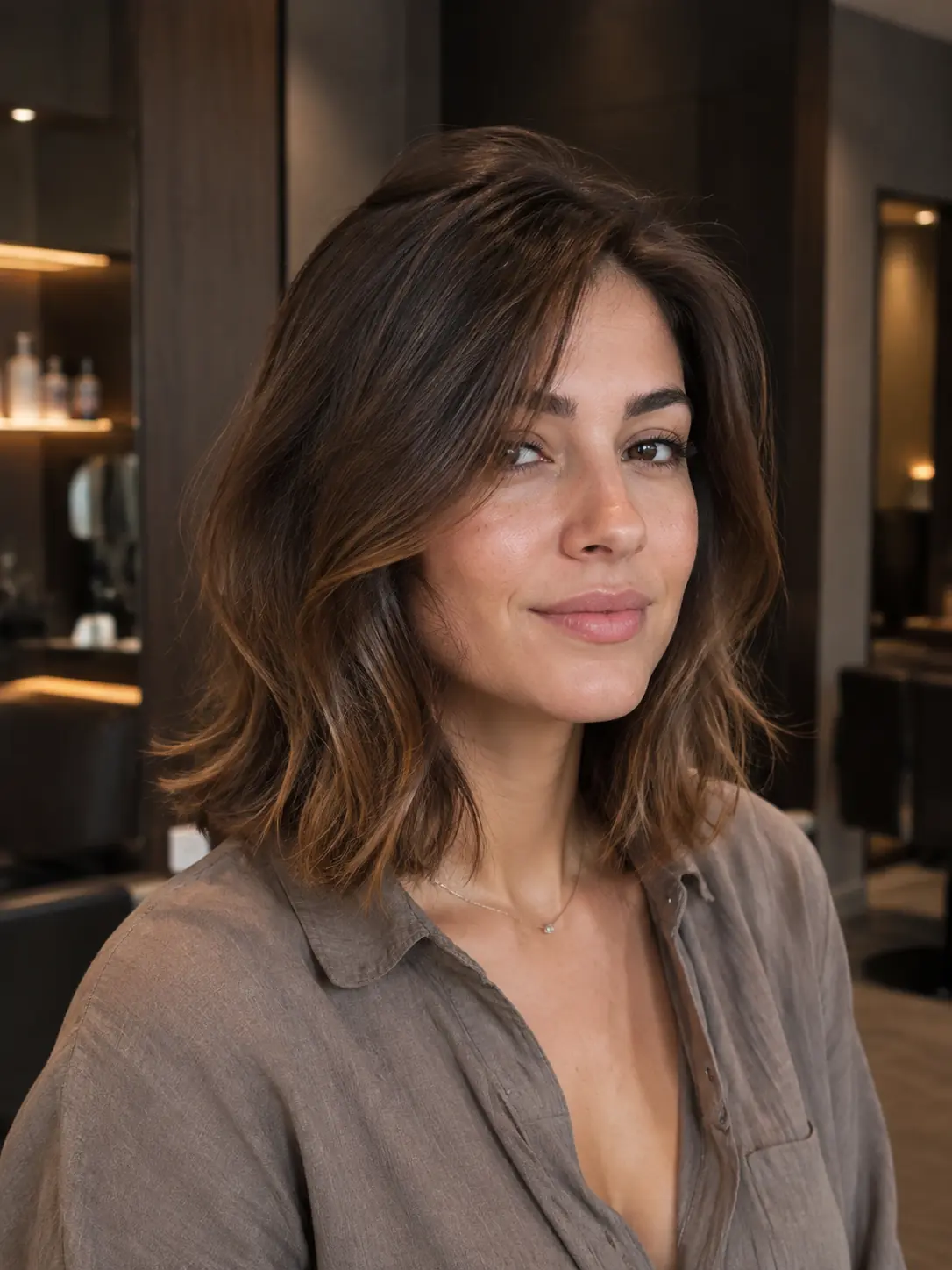 Moderner Long Bob mit weichen Stufen und natürlicher Balayage